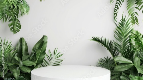 Minimalist White Round Table Surrounded by Green Tropical Plants in Bright Modern Space