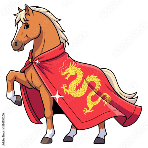 Cartoon horse wearing a majestic red cape with a golden Chinese dragon design, standing proudly.