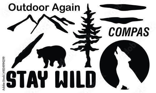 Set Camping and hiking logo black white elements. Outdoor adventure emblems. Tourist tent, forest, camp, trees and wild animals. For Camp badges, labels, banners, brochures. Doodle vector illustration