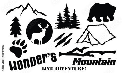 Camping and hiking logo black white elements. Outdoor adventure emblems. Tourist tent, forest, camp, trees and wild animals. For Camp badges, labels, banners, brochures. Doodle vector illustration
