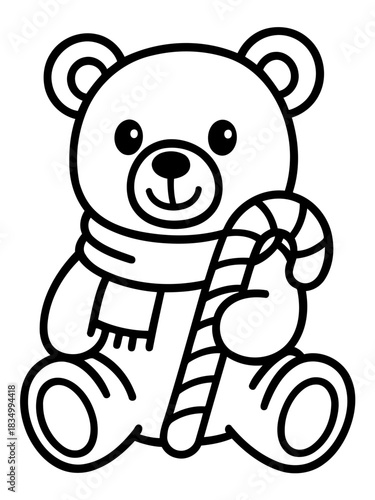 Teddy Bear with a Candy Cane: A charming line art illustration of a cuddly teddy bear, adorned with a cozy scarf, playfully holding a whimsical candy cane, perfect for a joyful celebration.