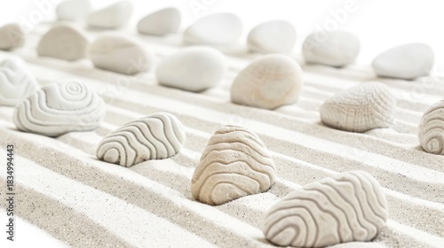 Minimalist White Sand and Pebble Arrangement with Striped Pattern for Zen Decor or Spa Settings