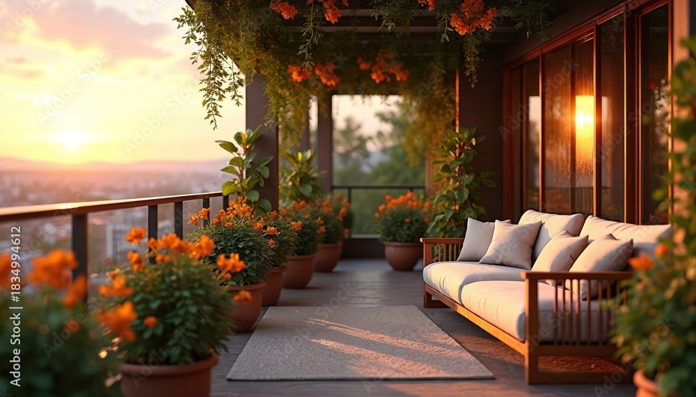 Fototapeta premium Serene balcony oasis with lush green plants and bright orange flowers. Outdoor seating area with sofa and pillows, overlooking city view at sunset. Warm sunlight filters through foliage.