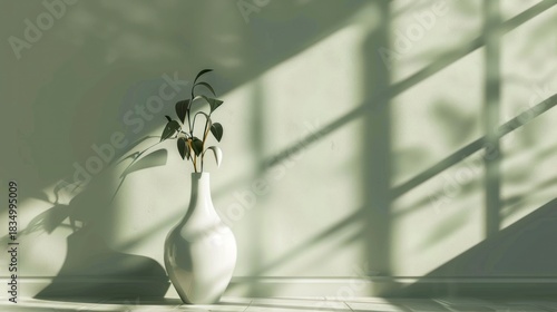 Minimalist White Vase with Green Leaf Plant on Sunlit Windowsill