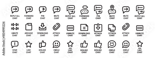 Chat and communication vector icon set. reply all, forward, pin, mute, unmute, archive, download, attach, star, like, emoji