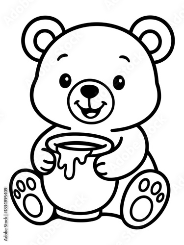 Sweet Bear with Honey Pot: An adorable bear, clutching a honey pot, is the epitome of sweetness and joy. The simple line art captures the essence of childhood delight and playful imagination.