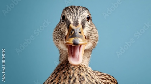Close-up of a surprised duck with its beak open against a blue background
