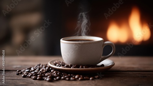 Steaming coffee in a mug with roasted beans on a wooden table near a fireplace