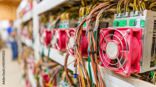 Mining Cryptocurrency Mining Rigs with Red Cooling Fans and Colorful Wires in Data Center