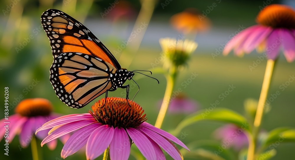 Fototapeta premium Monarch butterfly rests on a purple coneflower in a garden.