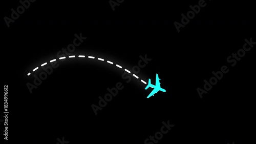 4K airplane flight route line animation with dashed path and start point