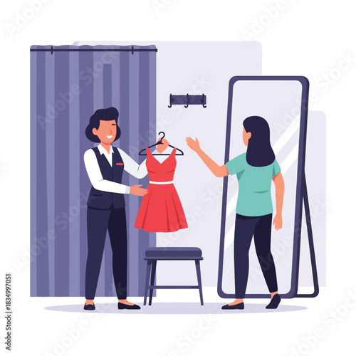 Shopping for a stylish red dress with a friendly stylist in boutique