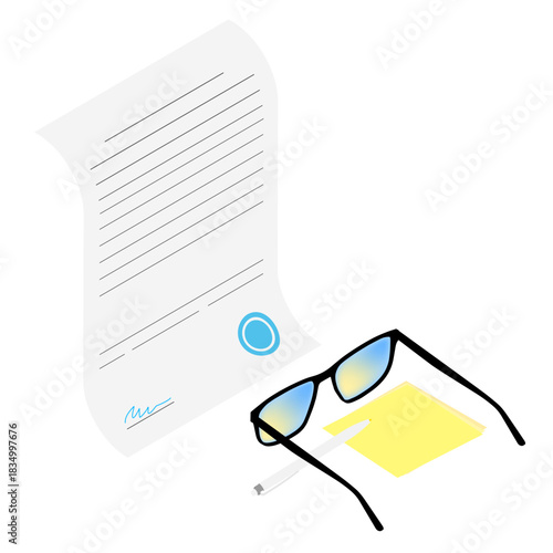 Isometric study of employment candidate contract. Isolated cartoon vector concept on white background top view