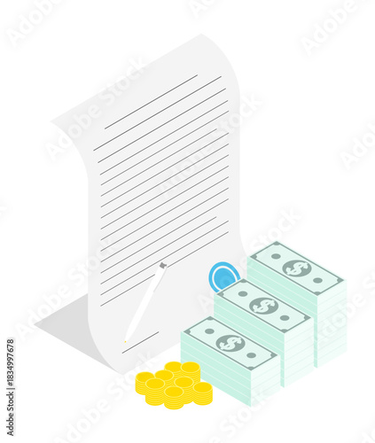 Isometric signing a bank agreement for lending and leasing to small and medium sized businesses. Isolated cartoon vector concept on white background top view