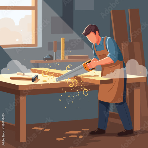 Skilled carpenter sawing wood with hand saw in workshop creating sawdust