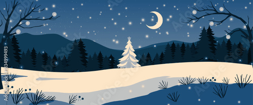 A peaceful winter scene depicts snow-covered hills under a dark blue night sky filled with stars. A bright crescent moon illuminates a christmas tree standing out against the dark evergreen forest.