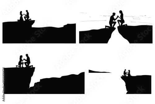 Couple proposing on cliff edge silhouettes proposal