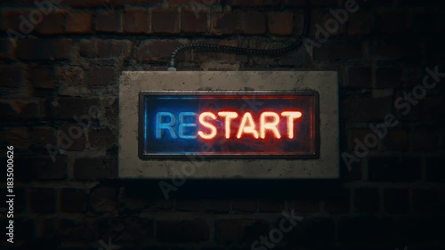 Static Shot of Neon Restart Sign on Brick Wall with Blue Letters Flickering and Turning Off to Spell Start