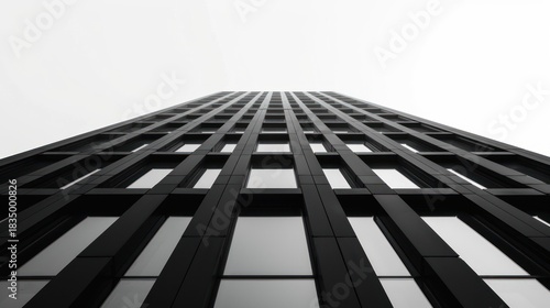 Modern Black Glass Office Building Tower Looking Up in Overcast Sky