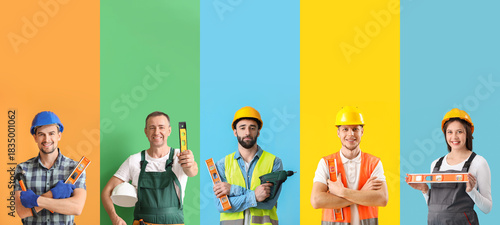 Collage of workers with bui...