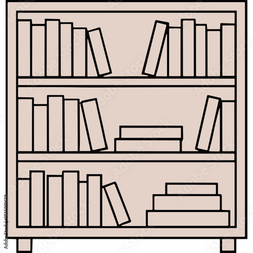 Minimalist Line Art Illustration of a Wooden Bookshelf Filled with Books in Various Arrangements Neutral Color Palette Simple Design and Clean Aesthetics