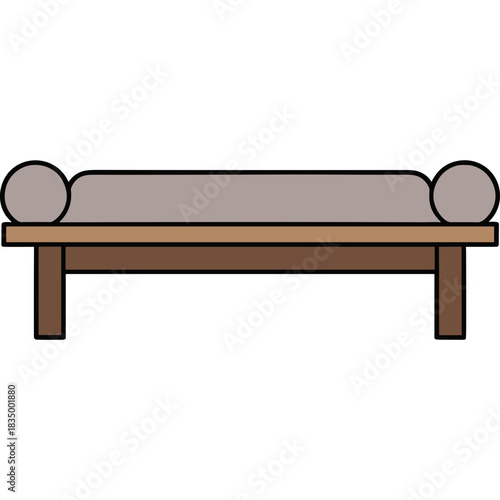 Minimalist illustration of a simple wooden daybed with a neutral colored mattress and bolster pillows on a black background representing furniture and interior design concepts