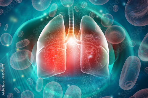 Tableau sur toile Detailed medical illustration of the respiratory system set against a modern medical background, symbolizing clinical analysis and respiratory care