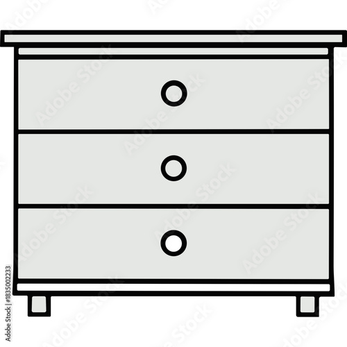 Minimalist Light Gray Three Drawer Dresser with Round Silver Handles and Tapered Legs Against a White Background Flat Design Vector Illustration