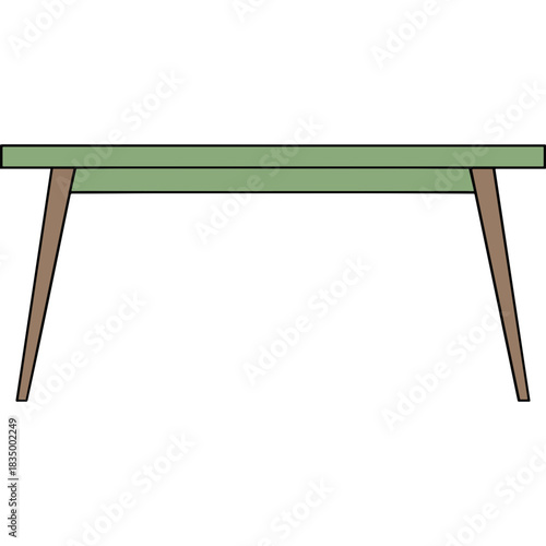 Minimalist light green rectangular tabletop supported by four brown tapered legs on a stark black background showcasing a simple and modern furniture design concept