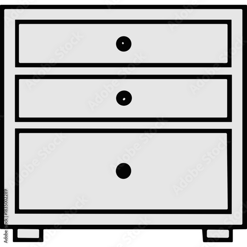 Minimalist line art drawing of a light gray three drawer dresser with black knobs and black outline standing on short legs on a black background representing simple furniture design