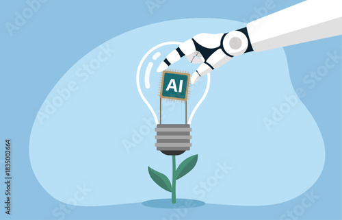 A robotic arm placing a chip labeled "AI" into a light - bulb, spark innovation and growth, inspires ideas and development.