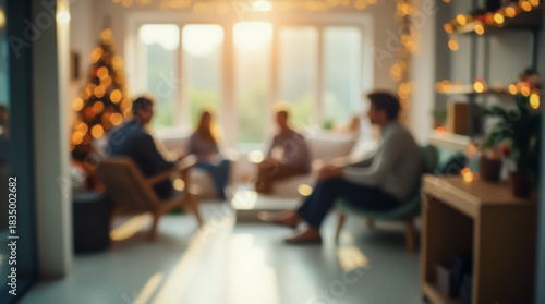 A defocused background of a meeting of friends or a group therapy session on a sunny winter day during the Christmas holidays