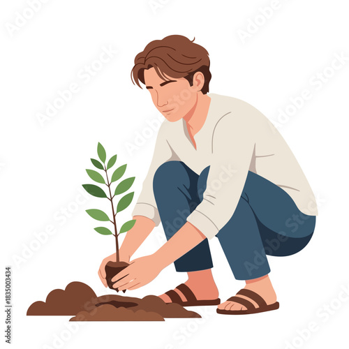 Man planting seedling, nurturing growth and future in nature