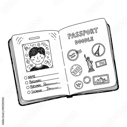 Doodle passport with stamps and personal information on transparent background