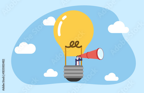 Illustration of a businessman riding a light bulb-shaped hot air balloon to observe business opportunities, looking for business opportunities with knowledge, business and motivational illustration