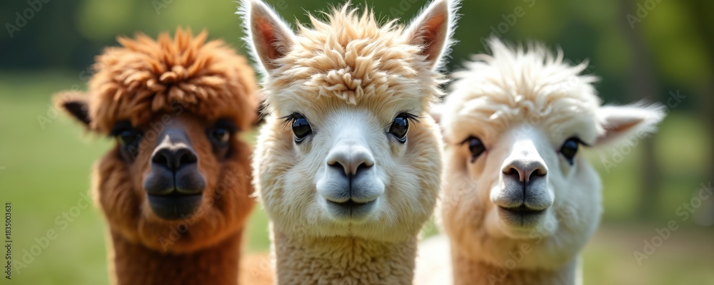 Fototapeta premium Three alpacas pose close up. They look directly at camera with soft fur and gentle eyes. Natural green background blurs focus onto these cute farm animals.