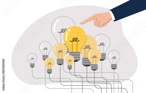 Hand pointing to the bulb. Idea concept. Vector flat design illustration.