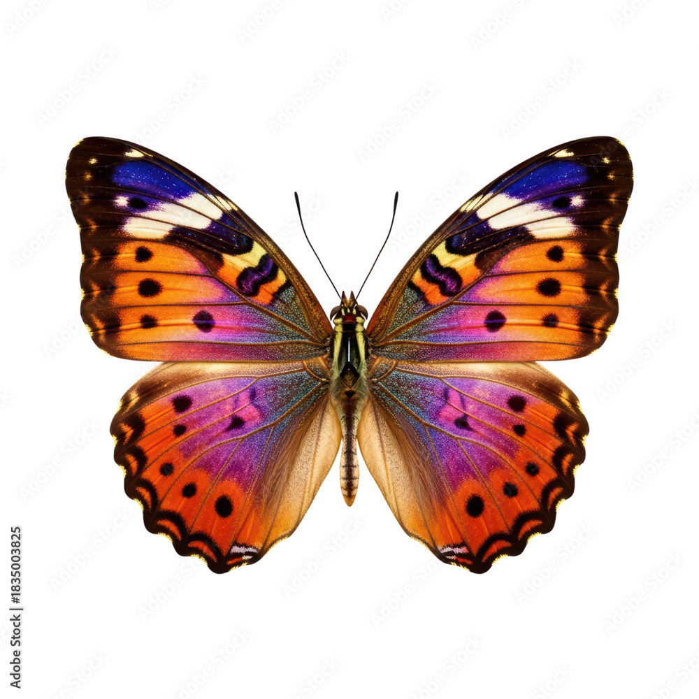 Obraz premium Vibrant orange and purple butterfly with detailed patterns on transparent background