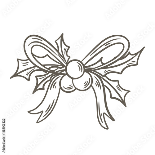 Vintage decoration with holly, berries and bow. Hand drawn Christmas element. Holiday decor in ink doodle sketch style. Vector graphics