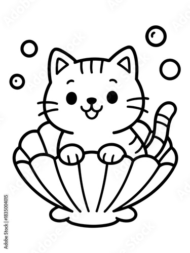 Seashell Serenade: An adorable kitten lounges comfortably in a grand seashell, a delightful scene of serenity. 
