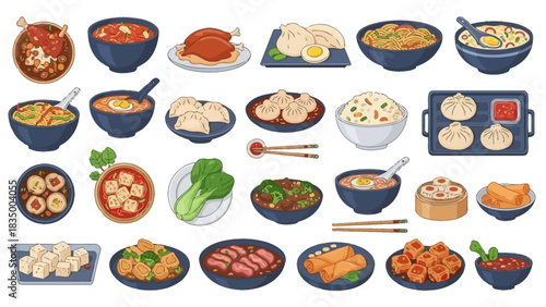 Assorted Traditional Chinese Foods in One Vector Illustration Featuring Kung Pao Chicken, Peking Duck, Dumplings, Noodles, Fried Rice, Congee, Hot & Sour Soup, Egg Drop Soup, Stir-Fries, Dim Sum, etc.