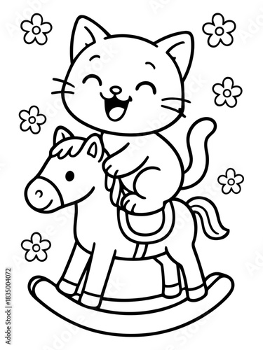 Joyful Cat on Rocking Horse: A charming illustration depicts a cheerful cat happily riding a classic rocking horse, framed by playful floral elements, a nostalgic reminder of innocent times.