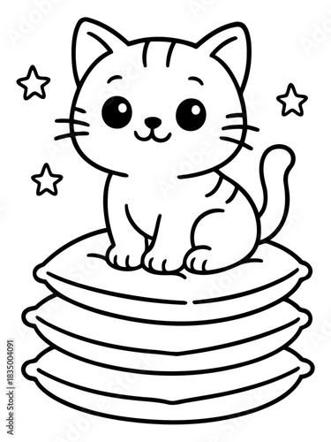 Cute Cat on Pillows: An adorable illustration of a cute cat sitting comfortably atop a stack of soft pillows, surrounded by gentle stars. capturing the essence of cuddles and warmth