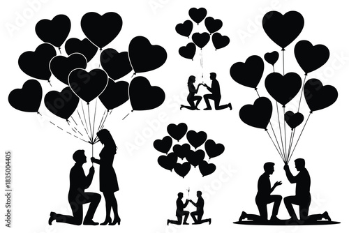 Black heart balloons and proposal silhouettes love