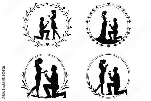 Four Silhouette Scenes of Marriage Proposals within Floral Wreaths