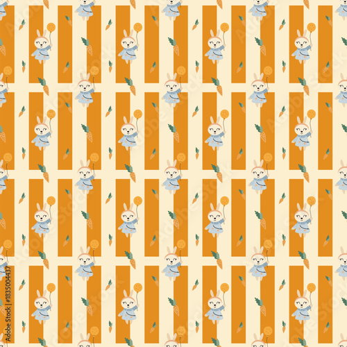 Fabric pattern of a rabbit holding a balloon. The background is orange and cream stripes in warm-light tones such as orange, cream, light blue, and green, making the pattern look bright, warm