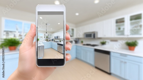 Modern Bright Kitchen with Blue Cabinets and White Countertops Captured in Smartphone Photo