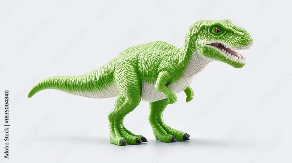 Obraz premium Green toy dinosaur on a white background, perfect for children's projects