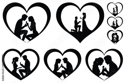 Couple proposal silhouettes inside hearts engagement