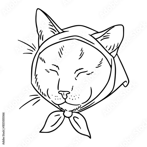 cute babushka cat head scarf line art
